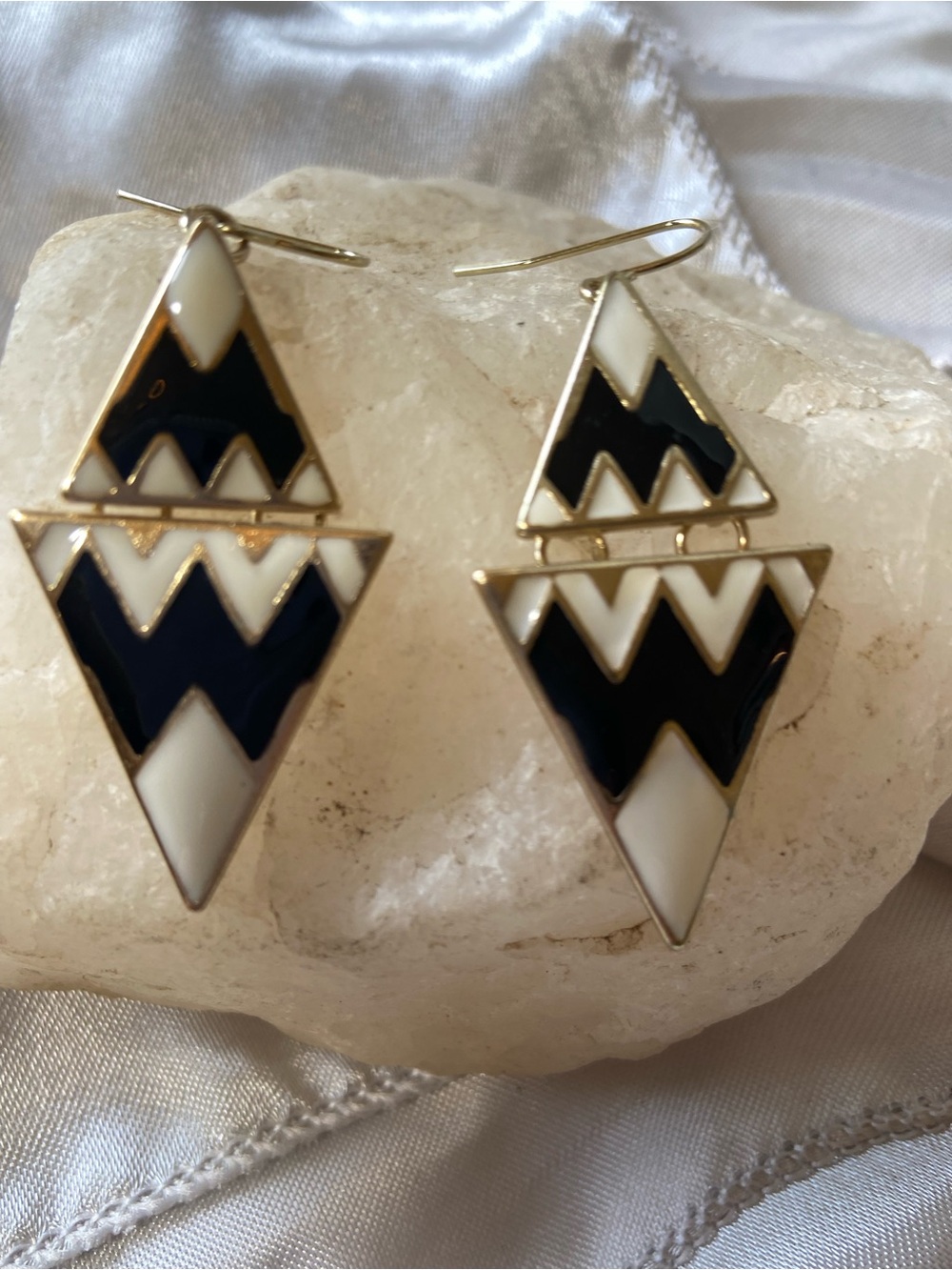 Gold-Tone Black & White Geometric Drop Earrings